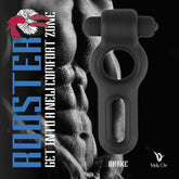 A black Velv'Or Drake Dual-Ring Vibrating Cock Ring, with a textured design, is displayed over a grayscale photograph of a muscular torso. The text reads "Velv'Or - Get into a new comfort zone" and "DRAKE," accompanied by a small logo at the bottom.